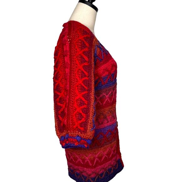 VINTAGE 60s XS Mod HAND KNIT Sweater Mini Dress $380 WOOL Puff Sleeves Red Blue - Picture 7 of 15